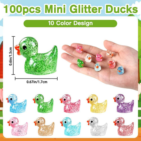 Luminous Glitter Tiny Ducks 100pcs Mini Little Resin Ducks Figures Glow in The Dark Ducks Animal to Hide Small Ducks Bulk for Dollhouse Micro Doll...