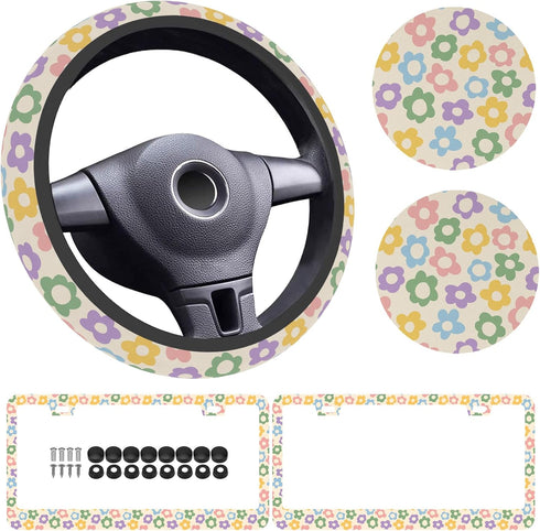 5 Pack, Flowers Vintage Groovy Steering Wheel Cover Universal 15 Inch, Vintage Groovy Flowers License Plate Frames 2 Holes with Screw Caps, Car Cu...