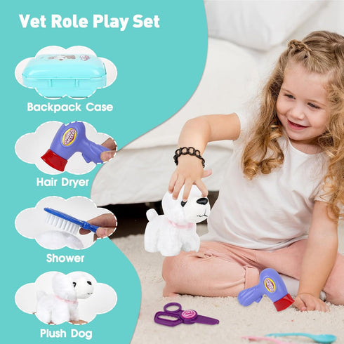 Pet Care Play Set for Kids, 16Pcs Doctor Kit Pretend Play Vet Dog Grooming & Feeding Toys with Backpack, Educational Toys for Girls and Boys 3-7 Y...