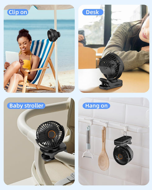 Portable Mini Clip on Fan, 3 Speed Rechargeable Small USB Desk Fan with Strong Airflow, Battery Operated Personal Fan, 360° Rotate Adjustable Tabl...