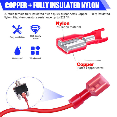 Twidec/150PCS Nylon Spade Connectors Kit 22-18 Gauge Quick Disconnect Fully Insulated Female Wire Spade Terminal Assortment Kit Red N-066-R-Fe...