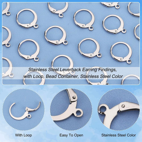 PH PandaHall 50 Pcs 304 Stainless Steel Lever Back Earring Hooks Earwire with Open Loop 14.5x12x2mm for Jewelry Making...