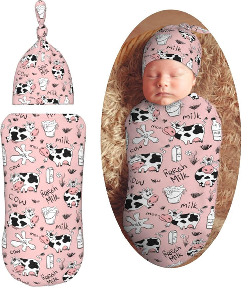 Funny Cow Milk Print Newborn Swaddle Blankets Hat Sets Soft Baby Receiving Blanket Swaddle Sack for Baby Shower Infant Boy Girl Gift...