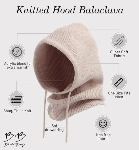 Brook + Bay Knitted Hooded Scarf w/drawstrings - Knit Balaclava Hood Scarf for Women Winter - Stylish Hooded Hat, Neck Warmer Cream...