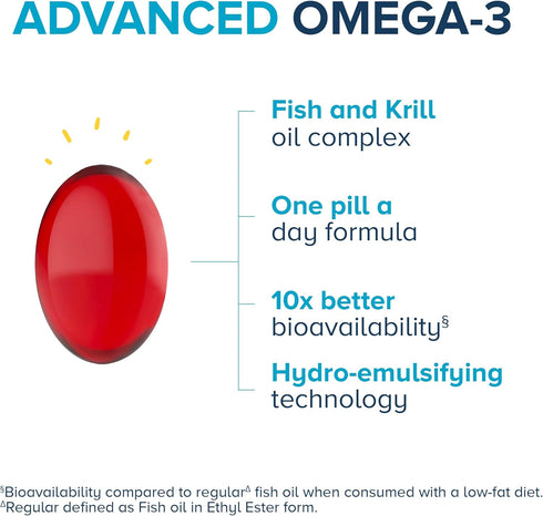 Qunol Advanced Omega 3 Krill and Fish Oil Complex, 10x Better Bioavailability, One Pill Dose, 250mg EPA & DHA, Supports Brain, Eye, Heart and Join...