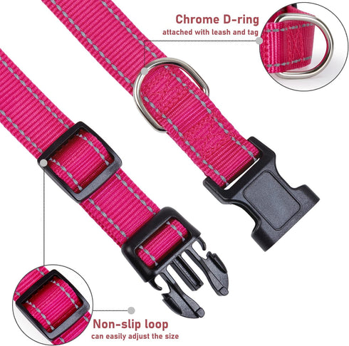 Reflective Dog Collar with Buckle Adjustable Safety Nylon Collars for Small Medium Large Dogs, Hotpink XS...