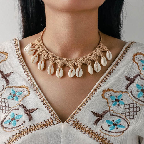 Boho Cowrie Shell Choker Necklace Khaki Handmade Adjustable Rope Necklaces Beach Seashell Chain for Women...