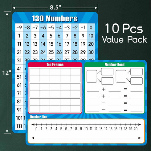 10 Pack Dry Erase Number Line Board Card, 9" x 12" Double Sided 130 Number Chart Math Manipulatives Game Chart, Teacher Classroom Must Haves Dry E...