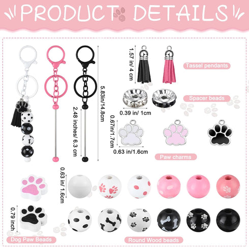 Landical 12 Sets Metal Beadable Keychain Bars with Wood Dog Paw Bone Beads Wooden Beads Bulk Pets Footprint Charm Animal Beads Keychain Kit for Ki...