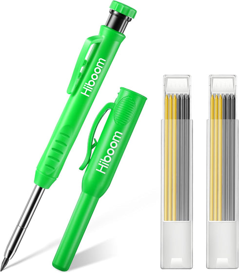 Hiboom Dunkive Carpenter Pencil Set with 12 Refills and Protective Cap, Long Nosed Deep Hole Construction Pencil Built in Sharpener for Carpenter ...