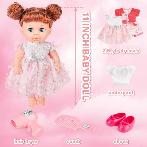 deAO 11 Inch Girl Doll with Hair and Accessories Baby Girl Dolls Toy Set Fashion Doll with Long Fine Hair and Dresses, Shoes, Comb & Hair Dryer Ba...