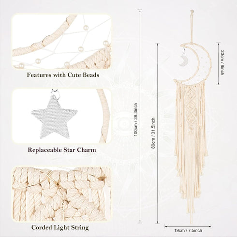 Boho Macrame Woven Wall Hanging, Crochet Crescent Moon Star Dream Catcher with Long Tassel- White Cotton Handmade Bohemian Home Decor Decoration A...