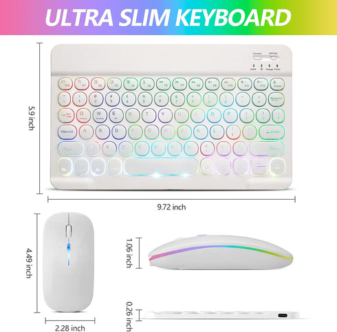 Ultra-Slim Bluetooth Keyboard and Mouse Portable Mini Wireless Keyboard Rechargeable 7-Color Backlit for Apple iPad iPhone Samsung Tablet iPhone S...