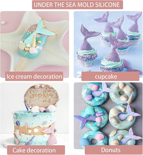 Mermaid Molds Silicone Fondant Molds Marine Theme Chocolate & Polymer Clay Candy & Soap Molds Mermaid Tail Seashell Coral Turtle Starfish Seahorse...
