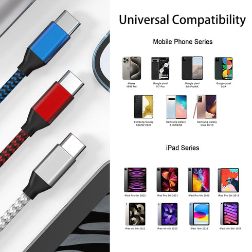 USB C to USB C Cable Nylon Braided 60W 3/3/6/6/10 FT USB Type C Fast Charging Cable for iPhone 15/15 Plus/15 Pro Max, MacBook Pro, iPad Pro Air, S...