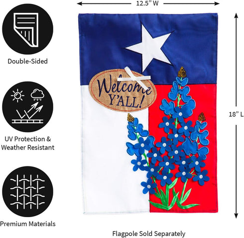Evergreen Flag Texas Blue Bonnets Garden Applique Flag | Welcome Texas State Garden Flag for Outside 12x18 Double Sided | Small House Flag for Law...