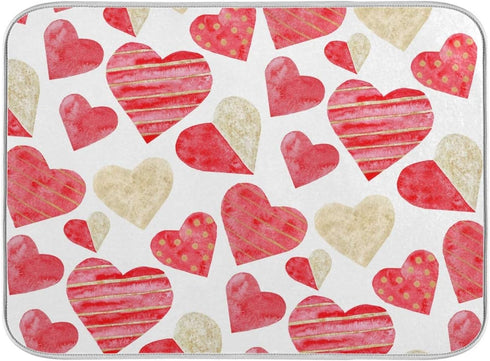 Red Gold Watercolor Hearts Love Dish Drying Mat 16x18 for Kitchen Valentine's Day Love Flowers Dishes Pad Dish Drainer Rack Mats Absorbent Fast Dr...