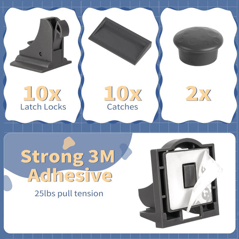Child Safety Adhesive Magnetic Cabinet Locks, No Screws or Drilling, Baby Proof Locks for Cabinets and Drawers, 10 Locks and 2 Keys...