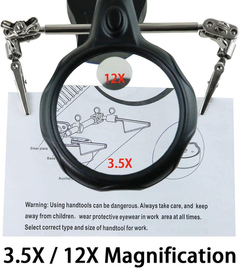Helping Hands Magnifying Glass Soldering Station, LED Lighted 3.5X 12X Magnifier with Auxiliary Clips Alligator Clamp for Miniatures Projects,Mode...