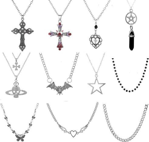11Pcs Punk Vintage Necklace Set Goth Grunge Saturn Star Indie Butterfly Boho Crystal Y2k Cross Pendent Heart Wing Statement Choker for Women Men...