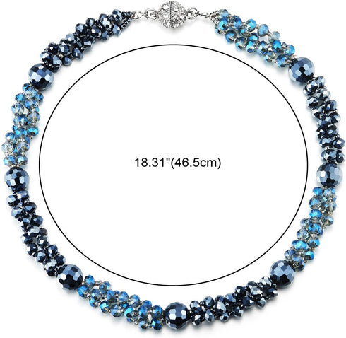 COOLSTEELANDBEYOND Blue Beads Crystal Cluster Statement Necklace Braided Chain Choker Collar Necklace, Magnetic Clasp...