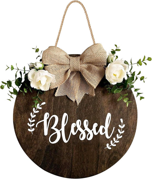 Blessed Farmhouse Welcome Sign, Round Wood Hanging Door Decor with Ribbon Bow and Artificial Greenery, Rustic Front Porch Wreath for Thanksgiving,...
