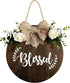 Blessed Farmhouse Welcome Sign, Round Wood Hanging Door Decor with Ribbon Bow and Artificial Greenery, Rustic Front Porch Wreath for Thanksgiving,...