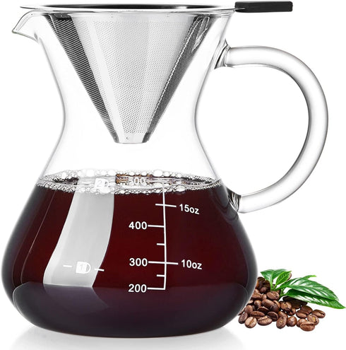 Unbreakable Pour Over Coffee Maker with Double Stainless Filter 17 fl oz, 4-5 Cups, Thickened Heat-Resistant Borosilicate Glass Dripper Coffee Pou...