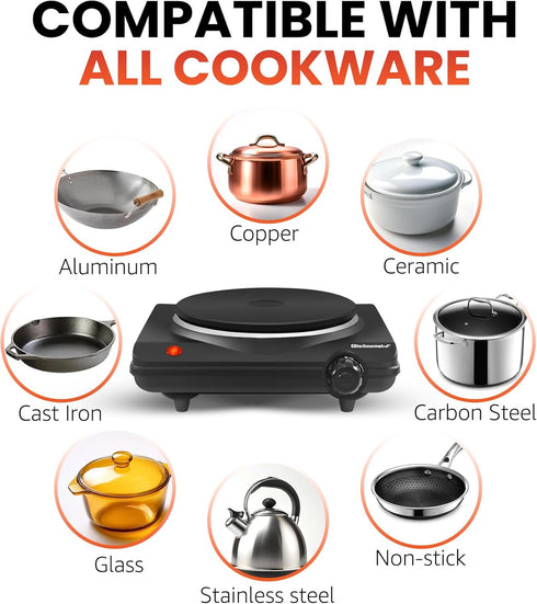 Elite Gourmet ESB-301BF Countertop Single Cast Iron Burner, 1000 Watts Electric Hot Plate, Temperature Controls, Power Indicator Lights, Easy to C...