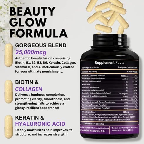 Biotin with Hyaluronic Acid, Collagen and Keratin – 25000 mcg Hair Growth Vitamins for Men and Women – Nails and Skin, USA Made, B1, B2, B3, B6, B...