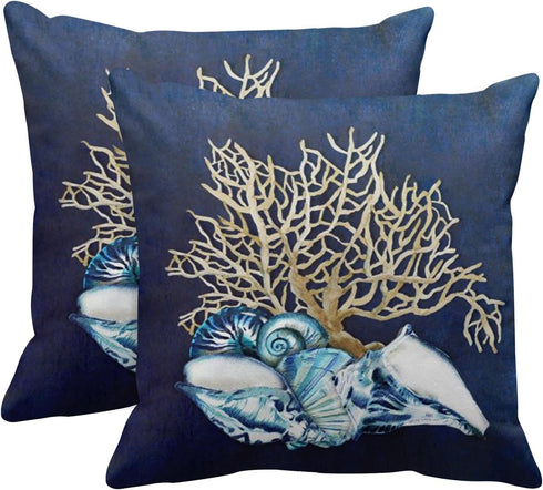 Emvency Throw Pillow Cover Blue Seashore Indigo Ocean Coral Seashells Beach House Gray Coastal Decorative Pillow Case Home Decor Square 20 x 20 In...