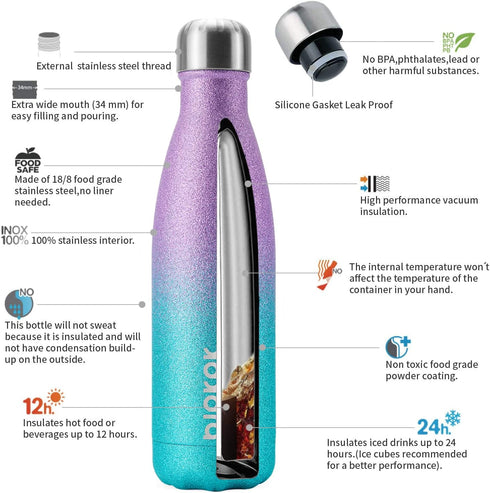 BJPKPK 17oz Insulated Water Bottles Stainless Steel,Sports Water Bottles Keep Cold for 24 Hours and Hot for 12 Hours,BPA Free,Glitter Purple Green...