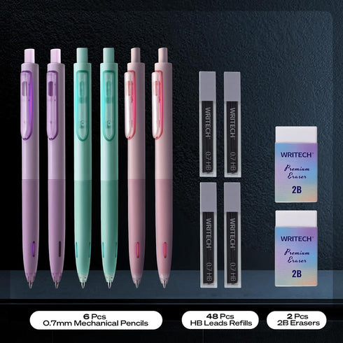 WRITECH Up Mechanical Pencil Set: 6ct Pastel Mechanical Pencils 0.7mm with 4 Tubes of HB Lead Refills and 2 Extra Erasers for Writing Drawing Sket...