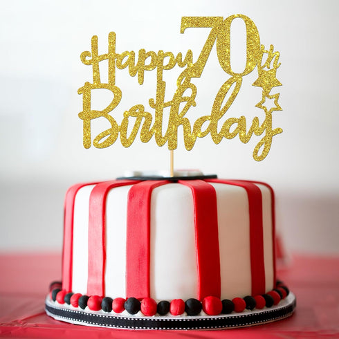 Gold Glitter Happy 70th Birthday Cake Topper, Hello 70, Cheers to 70 Years, 70 & Fabulous Party Decoration...