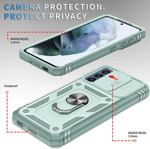 for Samsung Galaxy S21 FE 5G Case Military Grade Drop Shock Protection Cell Phone Cover with Slide Camera Cover Built-in 360° Rotate Ring Stand fo...