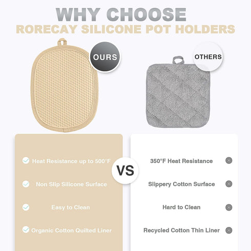 Rorecay Silicone Pot Holders Sets: Heat Resistant Oven Hot Pads with Pockets Non Slip Grip Large Potholders for Kitchen Baking Cooking | Quilted L...