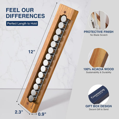 Magnetic Knife Holder for Wall 12", Knife Magnetic Strip No Drilling, Acacia Wood Magnetic Knife Holder for Refrigerator, Strong Knife Magnet&Knif...