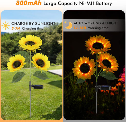 Solar Sunflower Lights, 800mA Solar Garden Light with Real Looking Flowers Outdoor Waterproof Solar Stake Lights for Back Yard, Flower Bed, Pathwa...