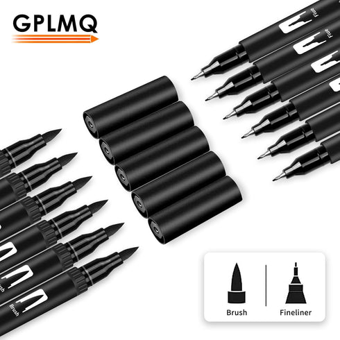 Black Drawing Pens, 12 Pack Felt Tip Markers for Adults and Kids, Dual Tip Brush Fineliners Pens for Art Drawing Sketching...