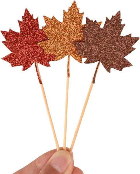 48 Pcs Glitter Maple Leaf Cupcake Topper Picks for Thanksgiving Fall Harvest Party Cake Decorations...