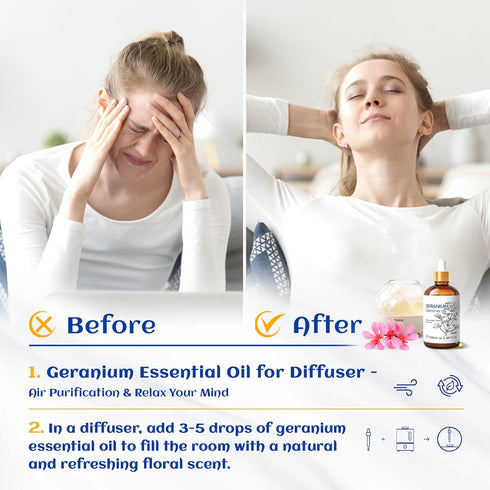 HIQILI 100ML Geranium Essential Oil for Skin, Diffuser & Candle, 100% Pure and Natural - 3.38 Fl. Oz...