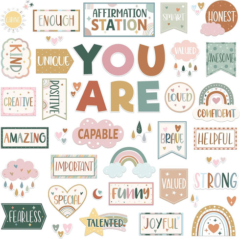45pcs Boho Affirmation Station Bulletin Board Set Motivational Posters Classroom Mirror Growth Mindset Decor Positive Affirmations Accents Cutouts...