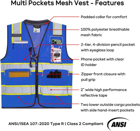 Reflective Safety Vest Blue Mesh, High Visibility Vest with Pockets and Zipper, Padded Neck, Blue with Yellow Trim L...