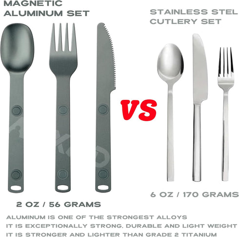 Magnetic Camping Utensils Set, Portable & Reusable Metal Travel Flatware, Outdoor Backpacking Cutlery Set, Knife, Fork & Spoon, 3-PACK, Gray...