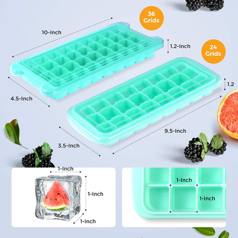 Ice Cube Tray, Soft Silicone Ice Tray with PP Lid, Flexible Ice Cube Trays for Freezer (24 Cubes, Blue)...