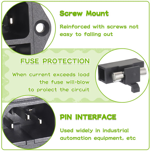 AC 250V 10A 2 in 1 Mount Inlet Module Plug Socket Power Entry Connector Male Blades with 10A Fuse and 18 AWG Extension Cable...