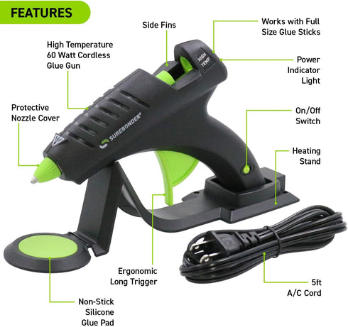 Surebonder Cordless Hot Glue Gun, High Temperature, Full Size, 60W, 50% More Power - Sturdily Bonds Metal, Wood, Ceramics, Leather & Other Strong ...