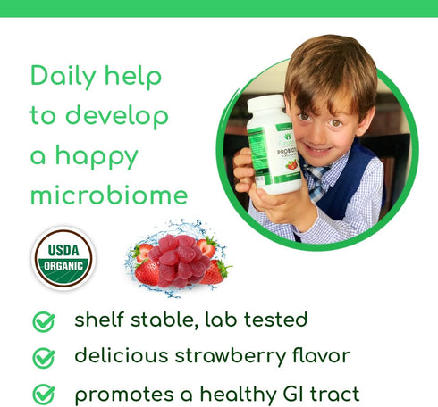 Organic Probiotic Gummies, 5 Billion CFU per serving, 60 Count, Vegan, Supports Digestive Health and Immune Defense, for Women and Children; Straw...