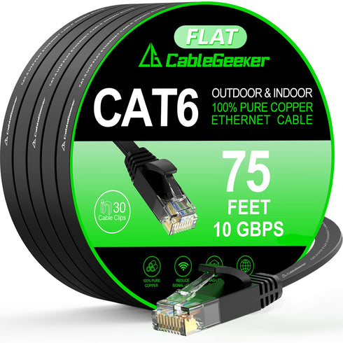 Cat 6 Ethernet Cable 75 ft, Indoor&Outdoor, High Speed 10Gbps Flat Internet Network Cable, Pure Copper Ethernet Patch Cable Long, Computer LAN Cab...