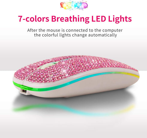 HXMJ Bling Dazzling Rechargeable 2.4GHz+5.2 Bluetooth Wireless Mouse Covered with Crystal Diamond Rhinestone,RGB Backlit,Great Gift idea for Her (...